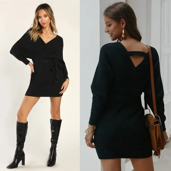 Black Surplice Belted Mini Sweater Dress