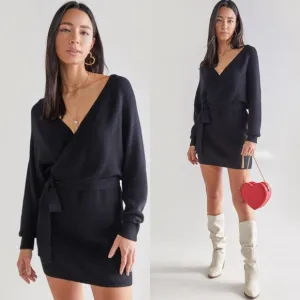 Black Surplice Belted Mini Sweater Dress