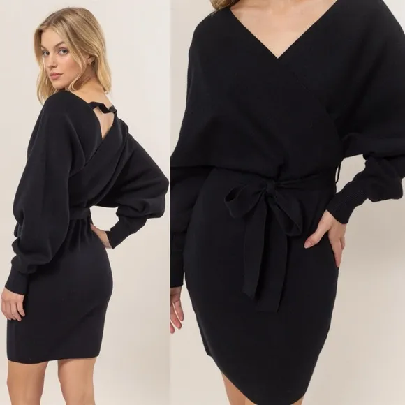 Black Surplice Belted Mini Sweater Dress