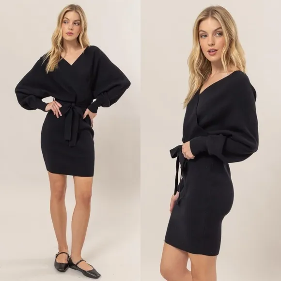 Black Surplice Belted Mini Sweater Dress