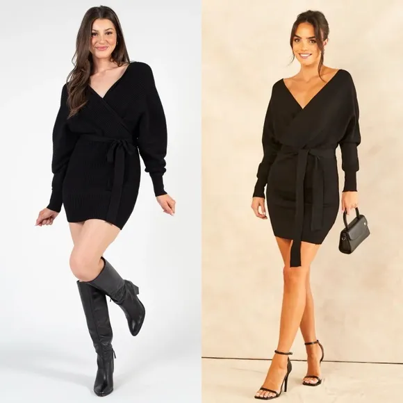 Black Surplice Belted Mini Sweater Dress