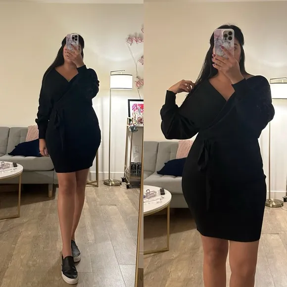 Black Surplice Belted Mini Sweater Dress