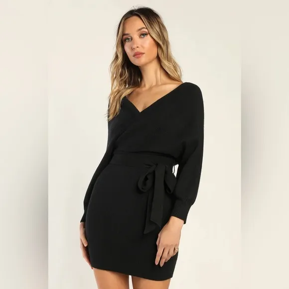 Black Surplice Belted Mini Sweater Dress