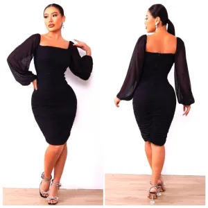 Black Zip-Back Ruched Dress