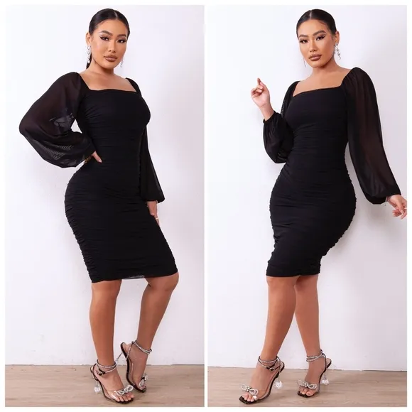 Black Zip-Back Ruched Dress