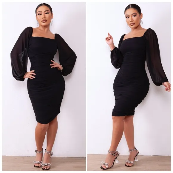 Black Zip-Back Ruched Dress