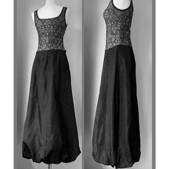 Black/Gray Metallic Brocade Cami- Corset Lace Trim Camisole Bustier - Size 4-6