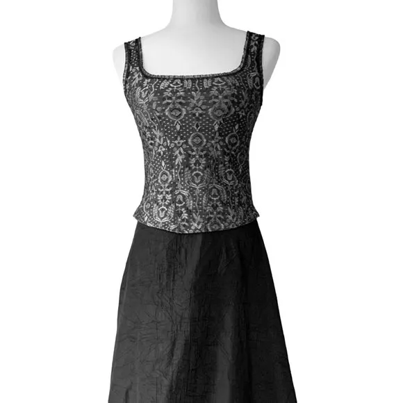 Black/Gray Metallic Brocade Cami- Corset Lace Trim Camisole Bustier - Size 4-6