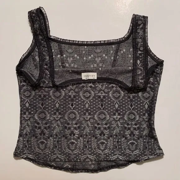 Black/Gray Metallic Brocade Cami- Corset Lace Trim Camisole Bustier - Size 4-6