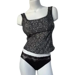 Black/Gray Metallic Brocade Cami- Corset Lace Trim Camisole Bustier - Size 4-6
