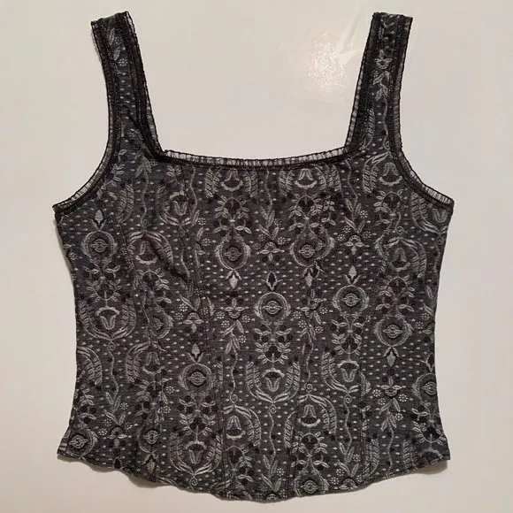 Black/Gray Metallic Brocade Cami- Corset Lace Trim Camisole Bustier - Size 4-6