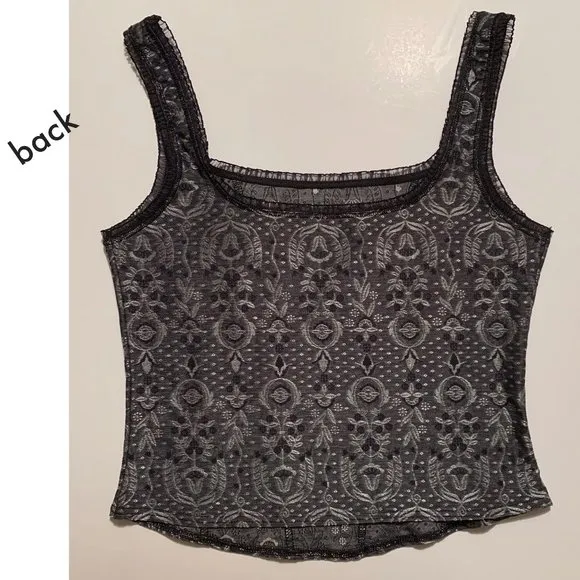 Black/Gray Metallic Brocade Cami- Corset Lace Trim Camisole Bustier - Size 4-6