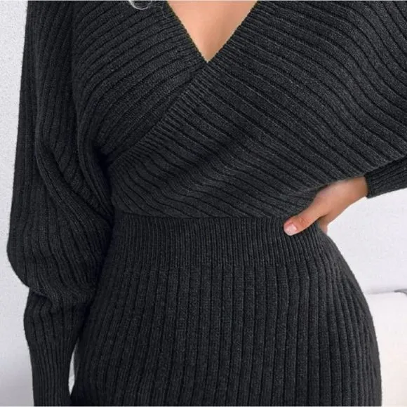 Black Rib-Knit Sweater Dress