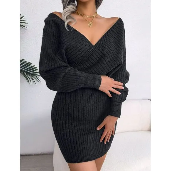 Black Rib-Knit Sweater Dress