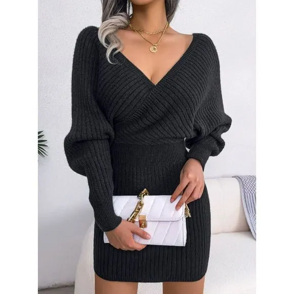 Black Rib-Knit Sweater Dress