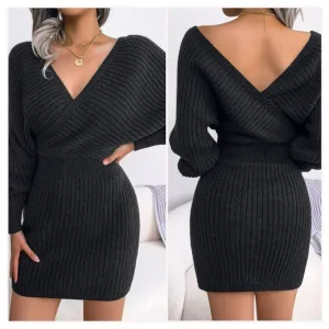 Black Rib-Knit Sweater Dress