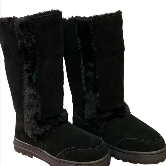 Black Suede Leather Fur Lined Comfy Winter Boots NEW