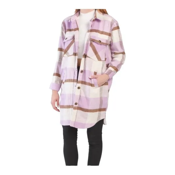 BLANK NYC Purple Beige Plaid Long Shirt Jacket Pea Coat Medium NEW