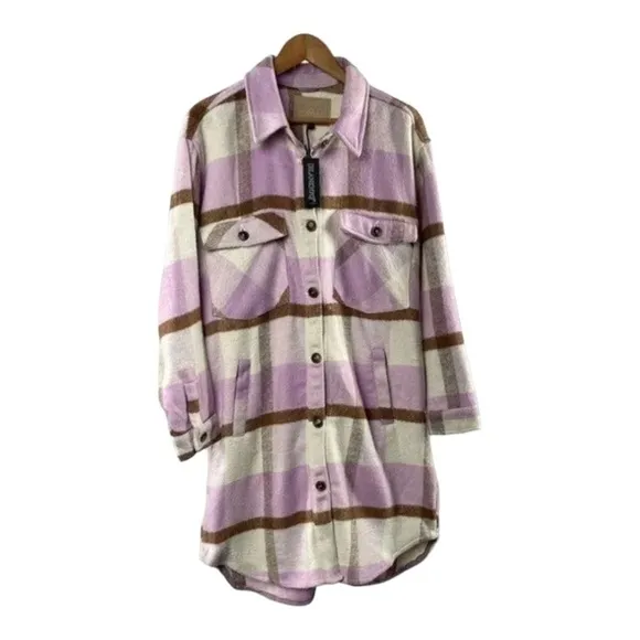 BLANK NYC Purple Beige Plaid Long Shirt Jacket Pea Coat Medium NEW