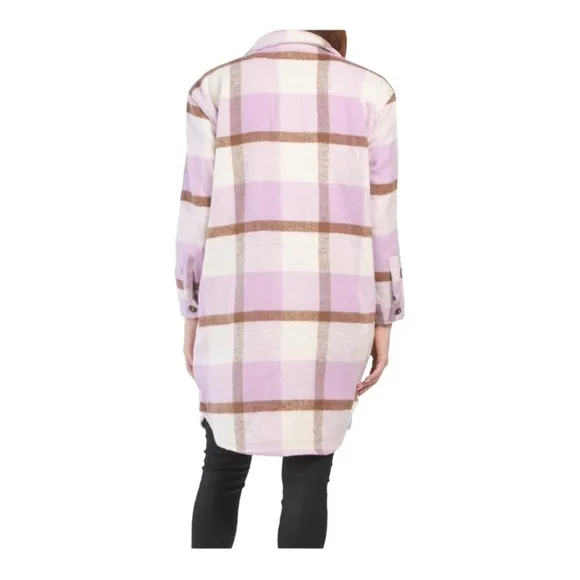 BLANK NYC Purple Beige Plaid Long Shirt Jacket Pea Coat Medium NEW