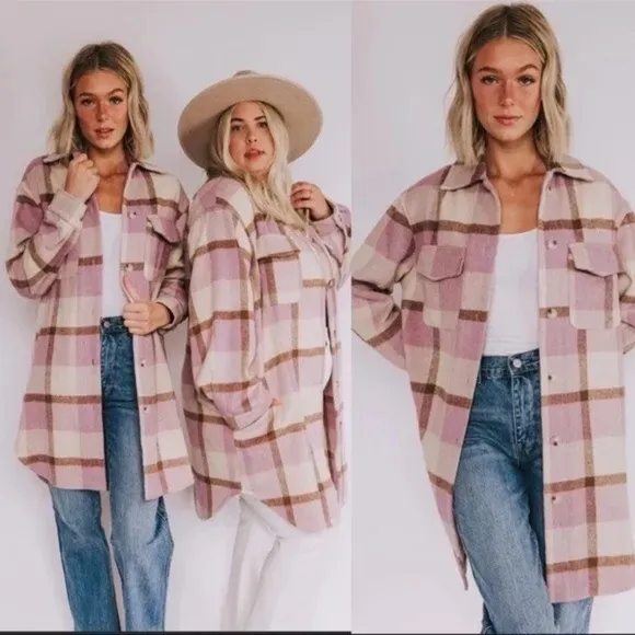 BLANK NYC Purple Beige Plaid Long Shirt Jacket Pea Coat Medium NEW