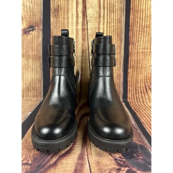 Blondo Mable Boots Women's 6M Black Leather Waterproof Block Heel Lug Moto Biker