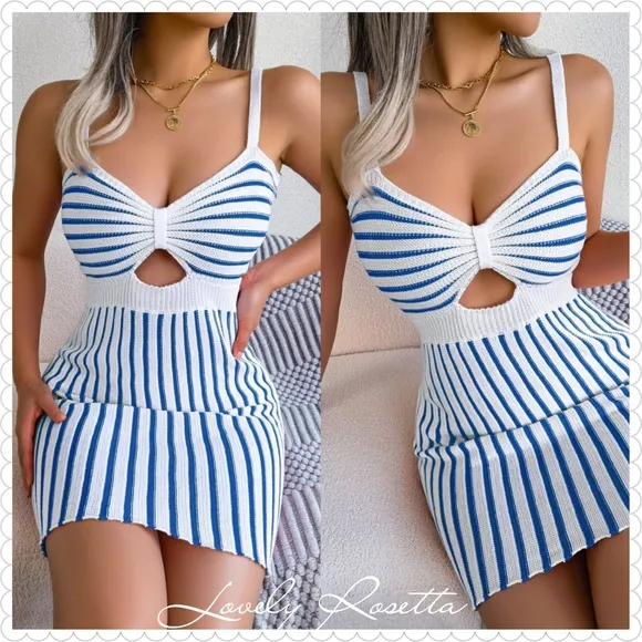 Blue and White Striped Cutout Knit Dress