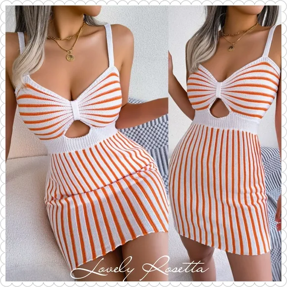 Blue and White Striped Cutout Knit Dress