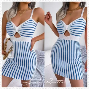 Blue and White Striped Cutout Knit Dress
