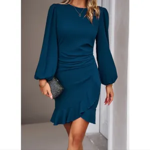 Blue Ruched Ruffle Dress