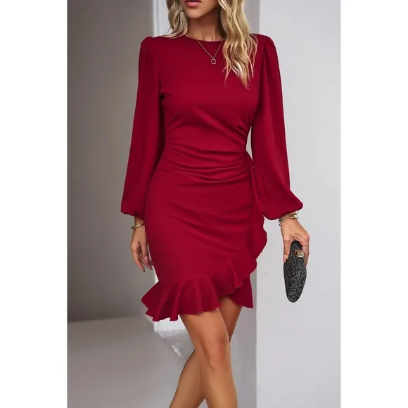 Blue Ruched Ruffle Dress