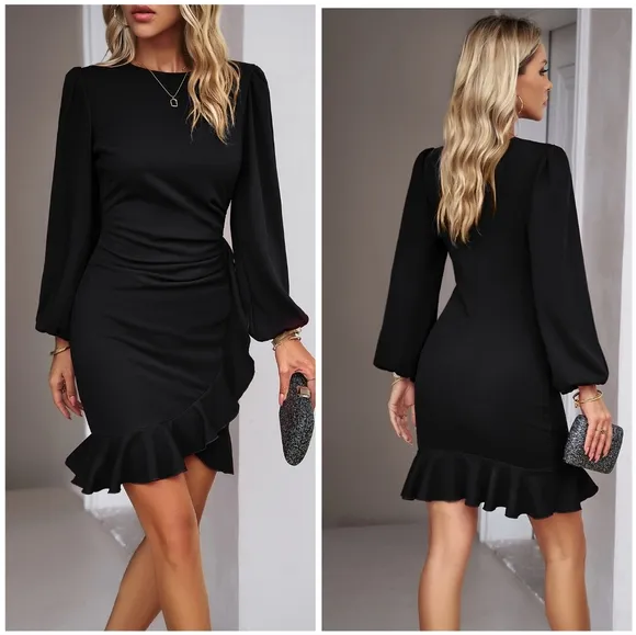 Blue Ruched Ruffle Dress