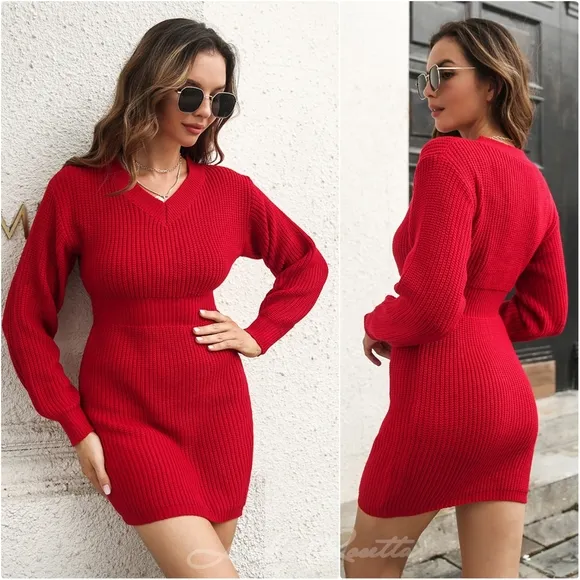 Blue V-Neck Rib-Knit Sweater Dress