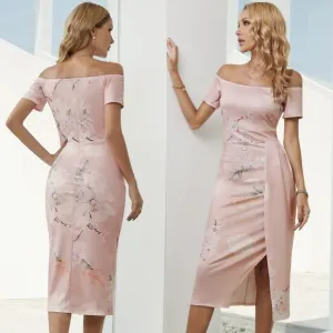 Blush Pink Printed Off-Shoulder Split Dress