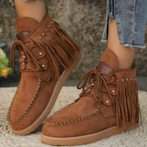 Boho Style Studded Fringe Decorated Handmade Stitched Two-Tone Sole Casual Boots