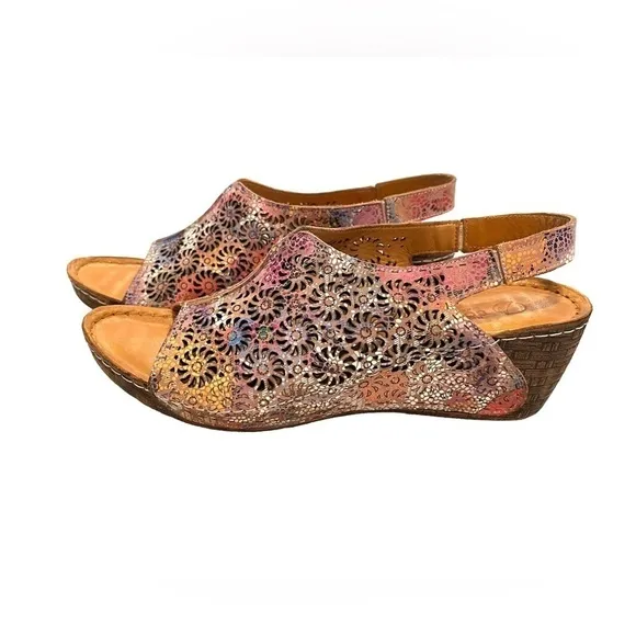 BONAVI Genuine Leather Lace Cutout Slingback Wedge Open Toe Sandals