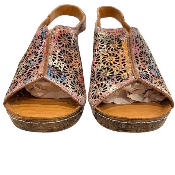 BONAVI Genuine Leather Lace Cutout Slingback Wedge Open Toe Sandals