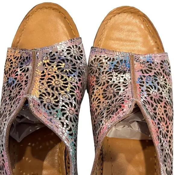BONAVI Genuine Leather Lace Cutout Slingback Wedge Open Toe Sandals