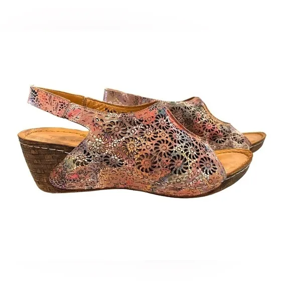 BONAVI Genuine Leather Lace Cutout Slingback Wedge Open Toe Sandals