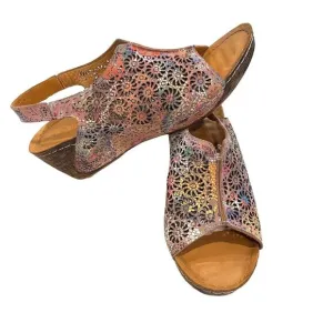 BONAVI Genuine Leather Lace Cutout Slingback Wedge Open Toe Sandals