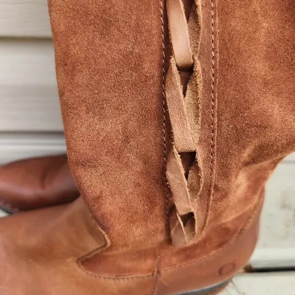 BORN Cook Leather Suede Braided Tall Brown Boots Plaid Corduroy Lined Size 7M