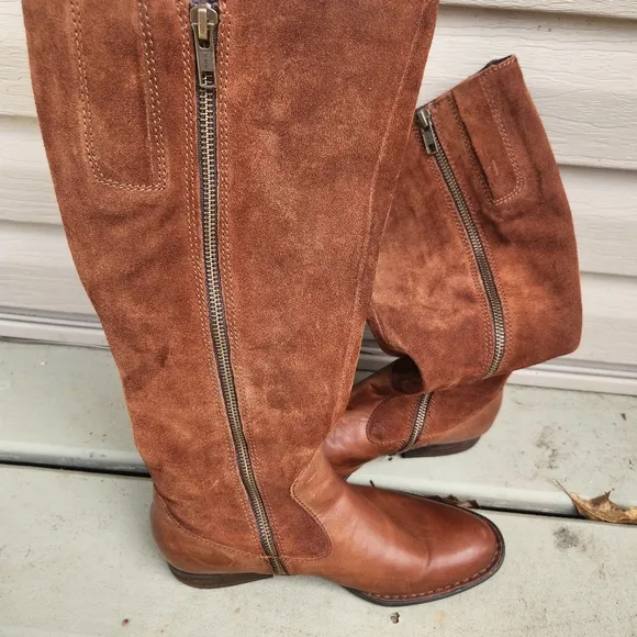 BORN Cook Leather Suede Braided Tall Brown Boots Plaid Corduroy Lined Size 7M