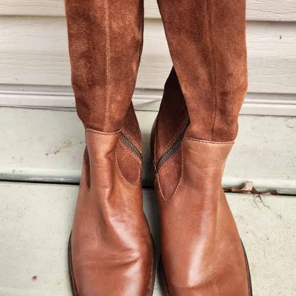 BORN Cook Leather Suede Braided Tall Brown Boots Plaid Corduroy Lined Size 7M