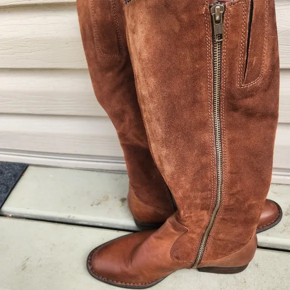 BORN Cook Leather Suede Braided Tall Brown Boots Plaid Corduroy Lined Size 7M