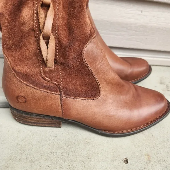 BORN Cook Leather Suede Braided Tall Brown Boots Plaid Corduroy Lined Size 7M