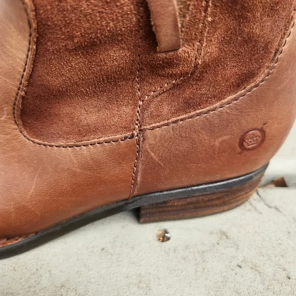 BORN Cook Leather Suede Braided Tall Brown Boots Plaid Corduroy Lined Size 7M