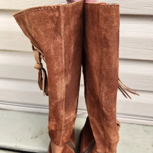 BORN Cook Leather Suede Braided Tall Brown Boots Plaid Corduroy Lined Size 7M