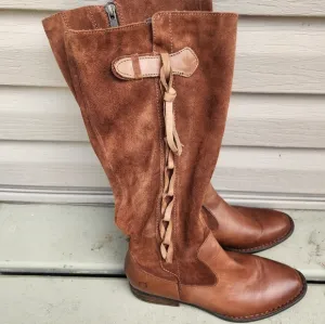 BORN Cook Leather Suede Braided Tall Brown Boots Plaid Corduroy Lined Size 7M