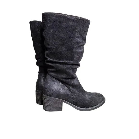 Born Doyle Women's Size 8 Black Distressed Suede Slouch Boots Low Heel