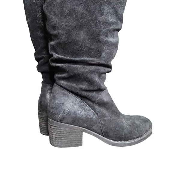 Born Doyle Women's Size 8 Black Distressed Suede Slouch Boots Low Heel